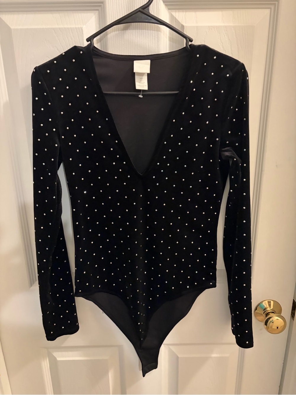 H&M Black Velvet V-Neck Rhinestone Long-Sleeve Bodysuit Sweater
